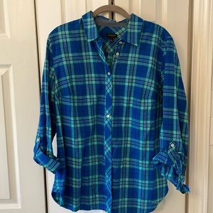 Talbots turquoise blue green plaid blouse Large